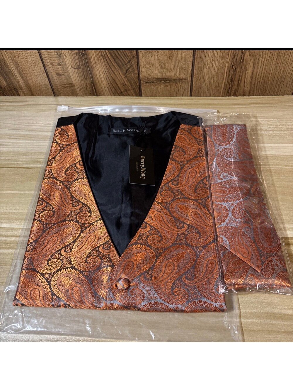 Barry Wang 3pc Size M Black & Orange Paisley Silk Vest Brand New